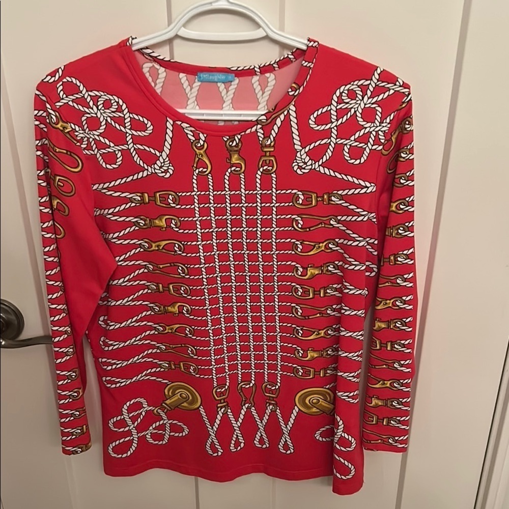 J. McLaughlin Red, White & Gold Nautical Rope Design Top, size M